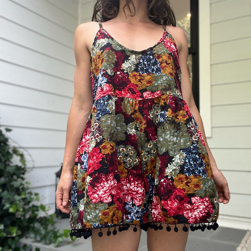 Indian 100% Silk Floral Romper with Pom Pom Hem